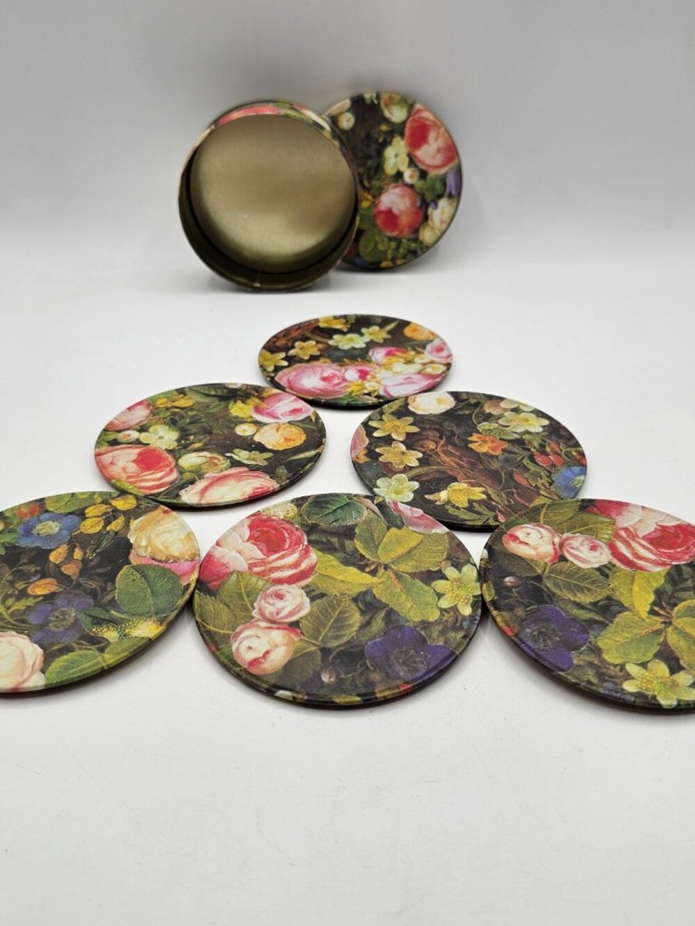 Set of 6 Drink Coasters and holder in Bright Floral